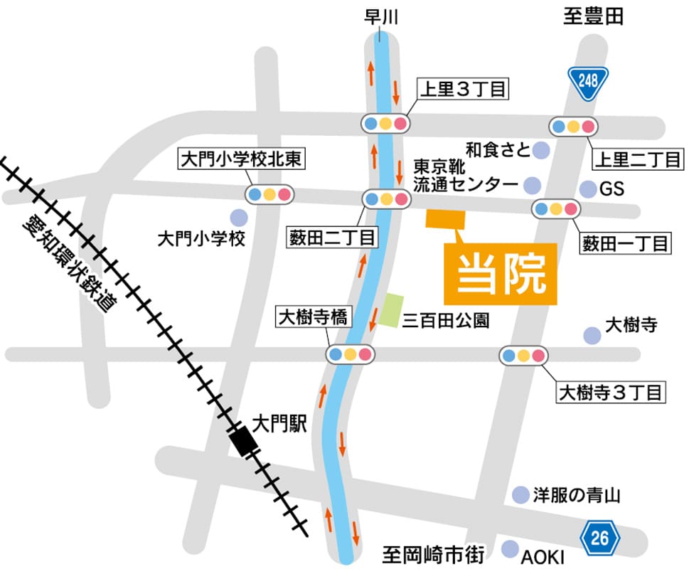 当院の地図（薮田一丁目と薮田二丁目の間、東京靴流通センター付近）